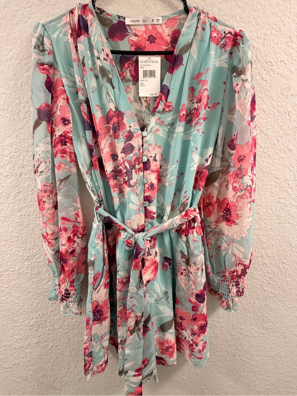 Nordstrom Fraiche by J Floral Tie-Waist Romper in Teal and Pink